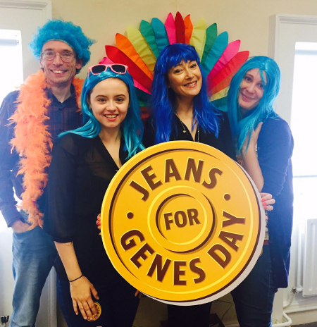 This is Avril (holding sign) with some of the Fighting Blindness team celebrating Jeans for Genes day in Dublin.